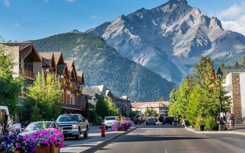 Scenic street view of the Banff Avenue in Alberta, Canada